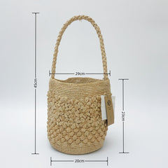 Handwoven Raffia Flower Crochet Bucket Bag, Boho Summer Beach Purse