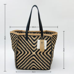 Handwoven Striped Raffia Tote Bag, Natural Straw Beach Shoulder Bag