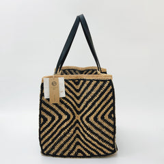 Handwoven Striped Raffia Tote Bag, Natural Straw Beach Shoulder Bag