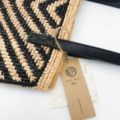 Handwoven Striped Raffia Tote Bag, Natural Straw Beach Shoulder Bag