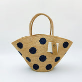 Handmade Polka Dot Raffia Tote Bag, Crochet Straw Beach Shoulder Bag