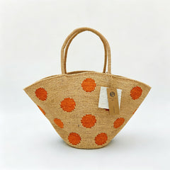 Handmade Polka Dot Raffia Tote Bag, Crochet Straw Beach Shoulder Bag