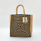 Handwoven Black Striped Raffia Tote, Large Woven Shoulder Bag, Summer Beach Vacation