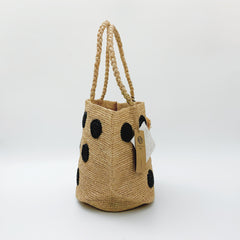 Handwoven Raffia Polka Dot Tote Bag, Chic Boho Beach Vacation Shoulder Bag