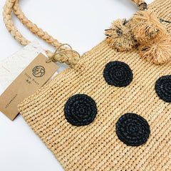 Handwoven Raffia Polka Dot Tote Bag, Chic Boho Beach Vacation Shoulder Bag