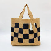 Checkerboard Raffia Tote Bag, French Vintage Woven Straw Shoulder Bag for Women, Color Block Beach Bag, Handmade Summer Vacation Handbag, Gift for Her