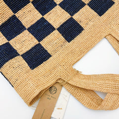 Handwoven Checkerboard Raffia Tote Bag, Natural Straw Boho Shoulder Bag