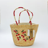 Wheat Straw Handwoven Embroidered Cherry Large-Capacity Shoulder Bag B005