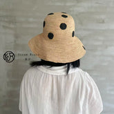 Handwoven Raffia Polka Dot Bucket Hat, Eco Friendly Crochet Straw Hat, Foldable Wide Brim Sun Hat, Beach Summer Vacation Hat for Women