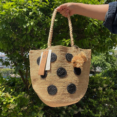 Handwoven Raffia Polka Dot Tote Bag, Chic Boho Beach Vacation Shoulder Bag