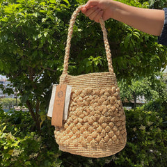 Handwoven Raffia Flower Crochet Bucket Bag, Boho Summer Beach Purse