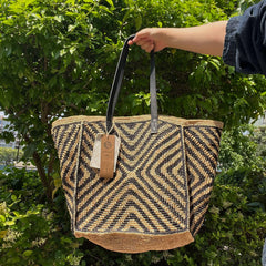 Handwoven Striped Raffia Tote Bag, Natural Straw Beach Shoulder Bag