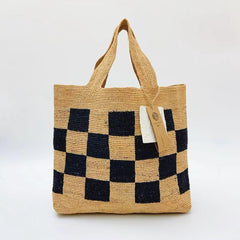 Handwoven Checkerboard Raffia Tote Bag, Natural Straw Boho Shoulder Bag