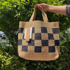 Handwoven Checkerboard Raffia Tote Bag, Natural Straw Boho Shoulder Bag