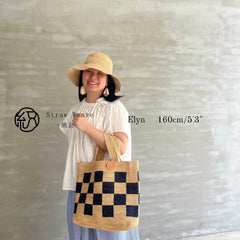 Handwoven Checkerboard Raffia Tote Bag, Natural Straw Boho Shoulder Bag