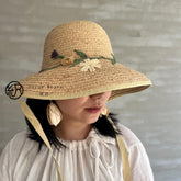 Handwoven Raffia Floral Straw Hat with Tie, Eco Friendly Bucket Hat, Embroidered Flower Sun Hat, Cottagecore Beach Summer Hat for Women