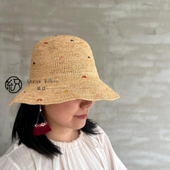 Handwoven Raffia Polka Dot Sun Hat, Wide Brim Boho Beach Vacation Hat