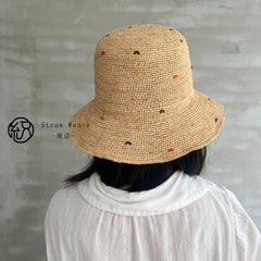 Handwoven Raffia Polka Dot Sun Hat, Wide Brim Boho Beach Vacation Hat