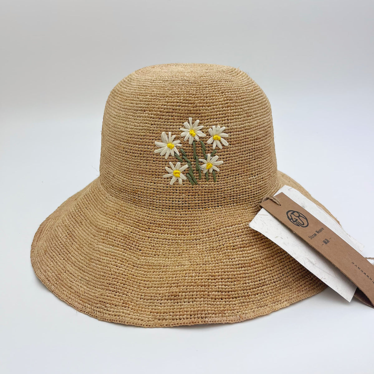 Raffia Daisy Straw, Handwoven Wide Brim Sun, Boho Summer Vacation Womens Hat