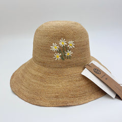 Raffia Daisy Straw, Handwoven Wide Brim Sun, Boho Summer Vacation Womens Hat