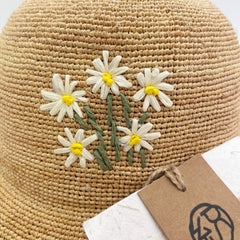 Raffia Daisy Straw, Handwoven Wide Brim Sun, Boho Summer Vacation Womens Hat