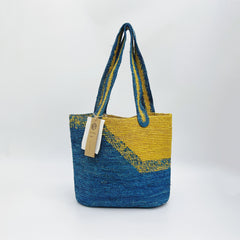 Vintage Blue Raffia Tote Bag, Handwoven Straw Handbag, French Style Beach Vacation Purse, Summer Woven Shoulder Bag for Women, Gift for Her