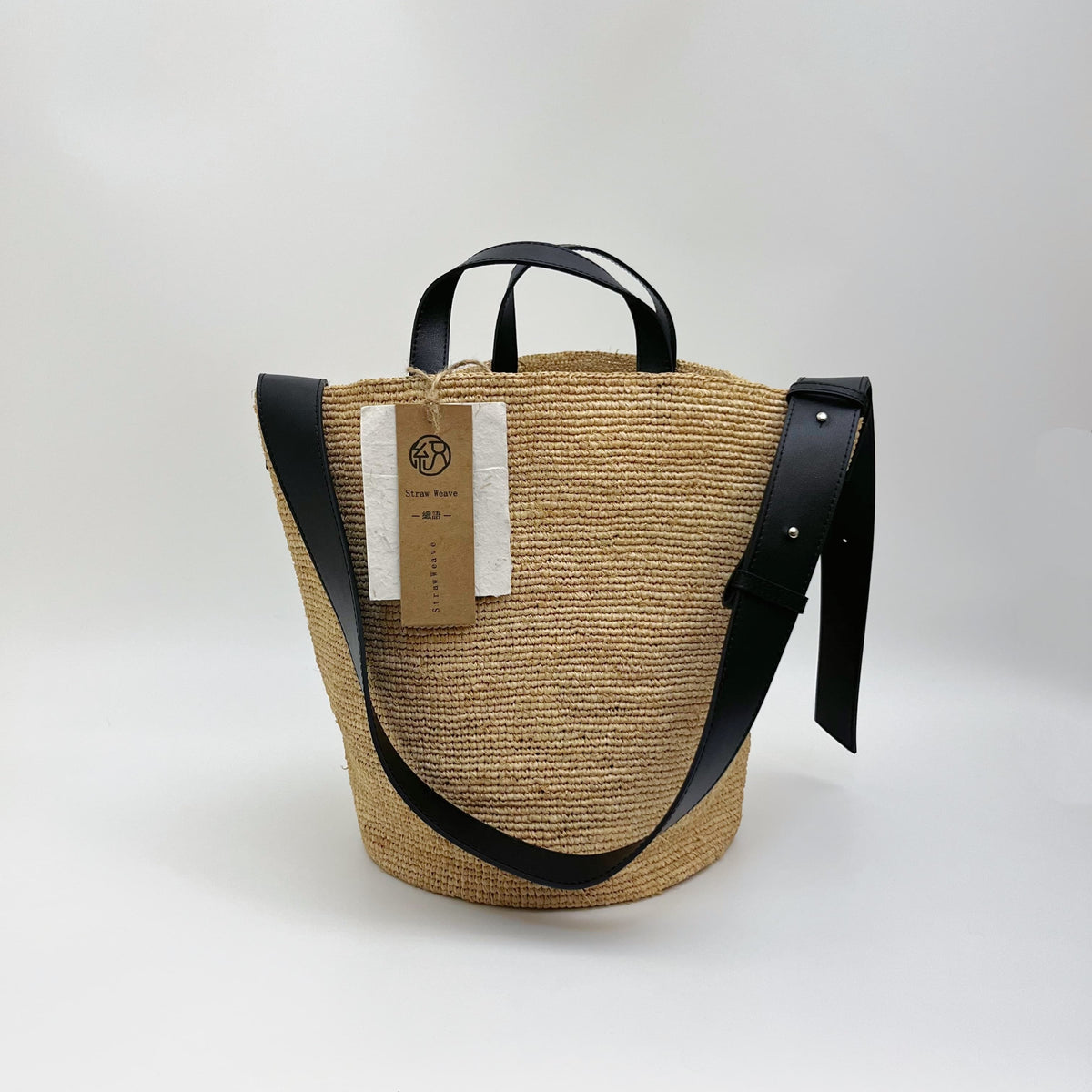 Raffia Bucket Bag with Genuine Leather Strap, Handwoven Straw Crossbody Bag, Crochet Shoulder Purse, Summer Vacation Beach Bag for Women