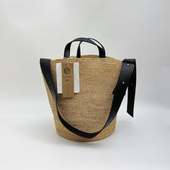 Raffia Bucket Bag with Genuine Leather Strap, Handwoven Straw Crossbody Bag, Crochet Shoulder Purse, Summer Vacation Beach Bag for Women