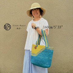 Vintage Blue Raffia Tote Bag, Handwoven Straw Handbag, French Style Beach Vacation Purse, Summer Woven Shoulder Bag for Women, Gift for Her