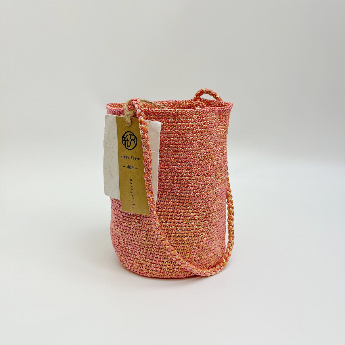 Handwoven Tangerine Metallic Cotton Yarn Bucket Bag, Shoulder Bag, Colorful Minimalist Woven Purse, Handmade Fall Winter Bag for Women