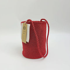 Handwoven Scarlet Metallic Cotton Yarn Bucket Bag, Shoulder Bag, Colorful Minimalist Woven Purse, Handmade Fall Winter Bag for Women