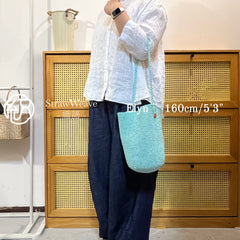 Handwoven Mint Metallic Cotton Yarn Bucket Bag, Shoulder Bag, Colorful Minimalist Woven Purse, Handmade Fall Winter Bag for Women