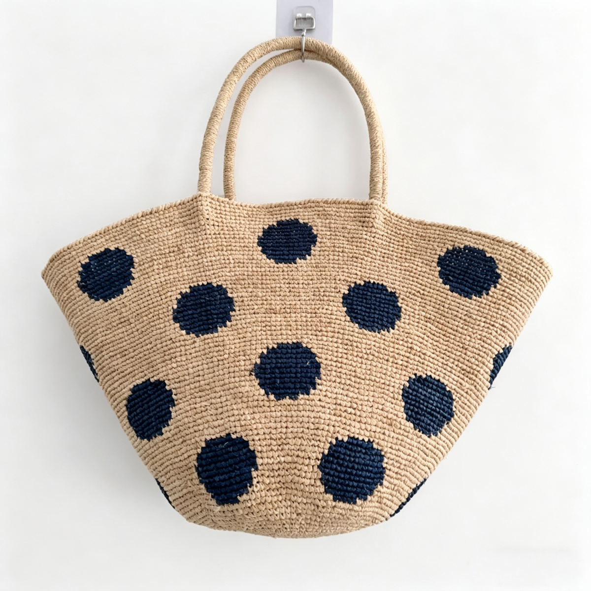 Handmade Polka Dot Raffia Tote Bag, Crochet Straw Beach Shoulder Bag