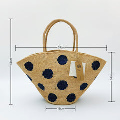 Handmade Polka Dot Raffia Tote Bag, Crochet Straw Beach Shoulder Bag