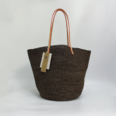 Oversized Genuine Leather Handle Raffia Tote Bag, Shoulder Bag, Handwoven Straw Handbag, Large Fall Winter Purse for Women, Gift for Her