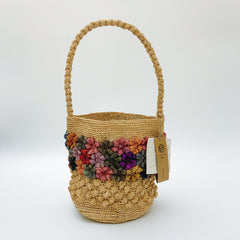 Colorful Floral Raffia Bucket Bag, French Style Handmade Crochet Shoulder Tote for Women, Summer Beach Bag, Vacation Straw Handbag, Gift for Her