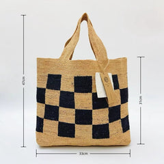 Checkerboard Raffia Tote Bag, French Vintage Woven Straw Shoulder Bag for Women, Color Block Beach Bag, Handmade Summer Vacation Handbag, Gift for Her