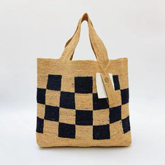 Checkerboard Raffia Tote Bag, French Vintage Woven Straw Shoulder Bag for Women, Color Block Beach Bag, Handmade Summer Vacation Handbag, Gift for Her