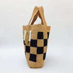 Checkerboard Raffia Tote Bag, French Vintage Woven Straw Shoulder Bag for Women, Color Block Beach Bag, Handmade Summer Vacation Handbag, Gift for Her