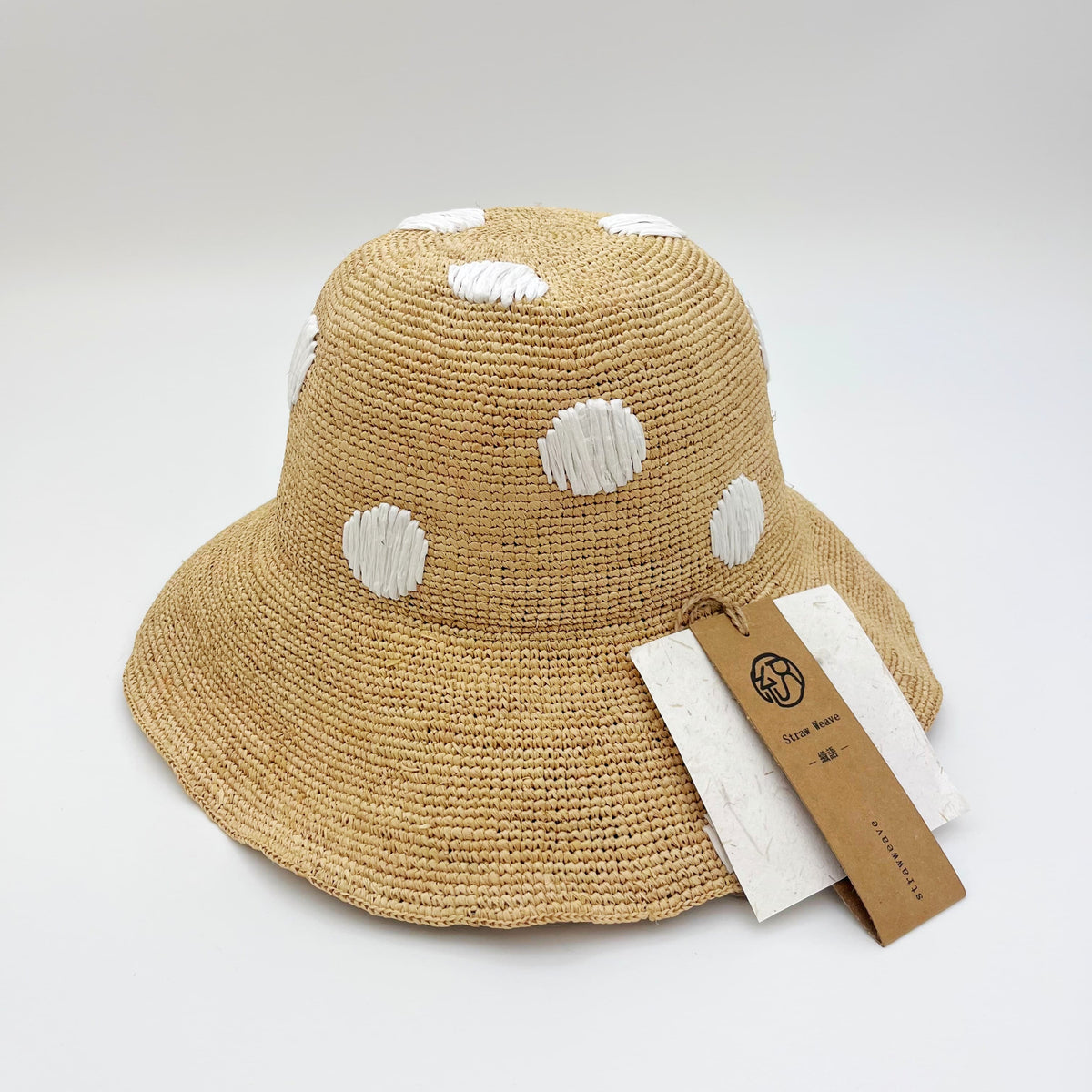 Handwoven Raffia Polka Dot Bucket Hat, Eco Friendly Crochet Straw Hat, Foldable Wide Brim Sun Hat, Beach Summer Vacation Hat for Women