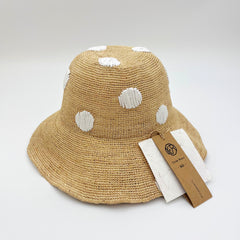 Handwoven Raffia Polka Dot Bucket Hat, Eco Friendly Crochet Straw Hat, Foldable Wide Brim Sun Hat, Beach Summer Vacation Hat for Women