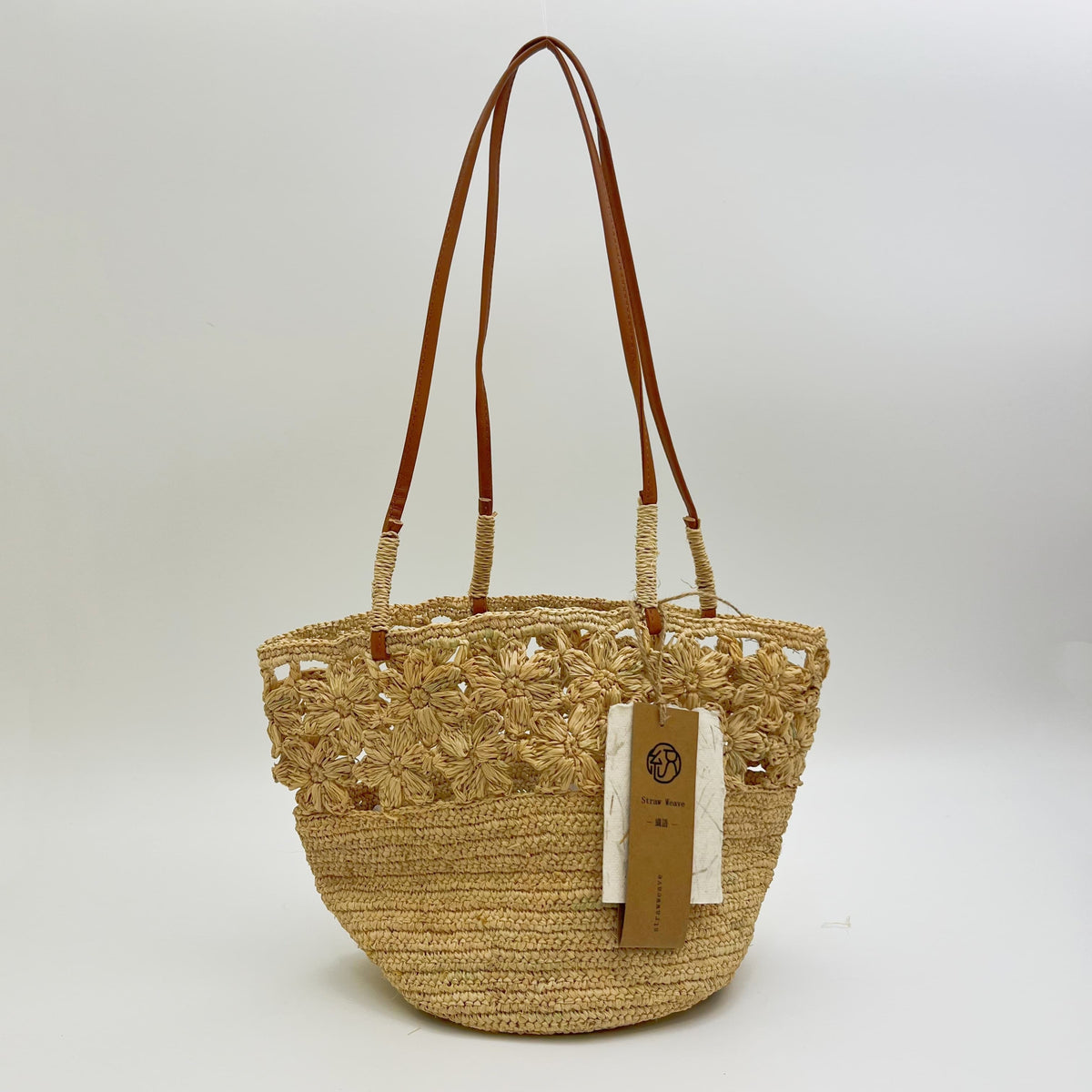 Raffia Crochet Flower Bag, Handmade Straw Shoulder Tote, Minimalist Woven Beach Bag for Women, Summer Vacation Handbag, Gift for Her