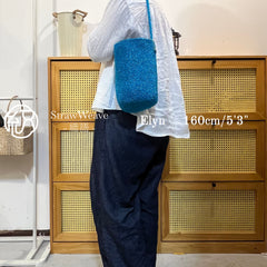 Handwoven Sky Blue Metallic Cotton Yarn Bucket Bag, Shoulder Bag, Colorful Minimalist Woven Purse, Handmade Fall Winter Bag for Women