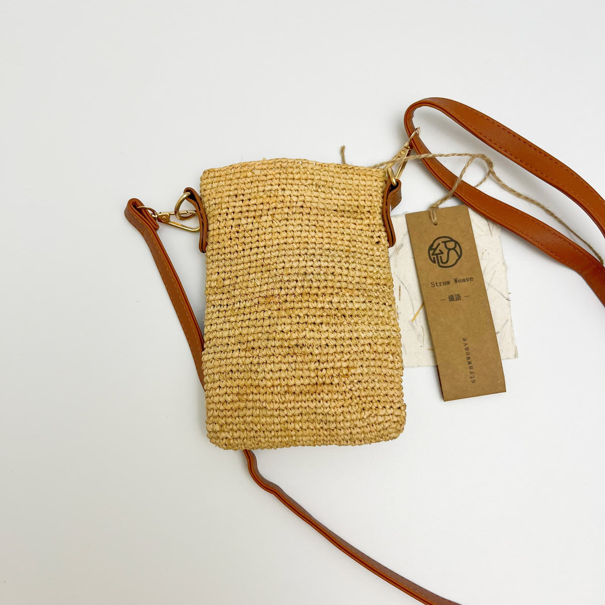 Raffia Crossbody Phone Bag with Leather Strap, Minimalist Woven Shoulder Bag, Small Straw Purse for Women, Handmade Summer Bag, Gift for Her