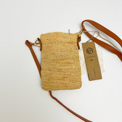 Raffia Crossbody Phone Bag with Leather Strap, Minimalist Woven Shoulder Bag, Small Straw Purse for Women, Handmade Summer Bag, Gift for Her