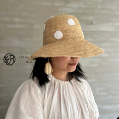 Handwoven Raffia Polka Dot Bucket Hat, Eco Friendly Crochet Straw Hat, Foldable Wide Brim Sun Hat, Beach Summer Vacation Hat for Women