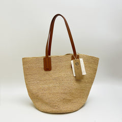 Large Raffia Tote Bag with Genuine Leather Strap, Handmade Woven Beach Bag for Women, Spacious Straw Shoulder Bag, Summer Vacation Tote, Gift for Her