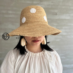 Handwoven Raffia Polka Dot Bucket Hat, Eco Friendly Crochet Straw Hat, Foldable Wide Brim Sun Hat, Beach Summer Vacation Hat for Women