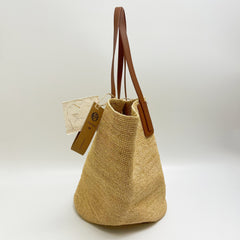 Large Raffia Tote Bag with Genuine Leather Strap, Handmade Woven Beach Bag for Women, Spacious Straw Shoulder Bag, Summer Vacation Tote, Gift for Her