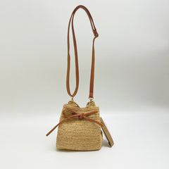 Mini Raffia Bucket Bag with Leather Trim, Handmade Hollow Woven Crossbody Bag for Women, Small Straw Shoulder Bag, Summer Vacation Bag, Gift for Her